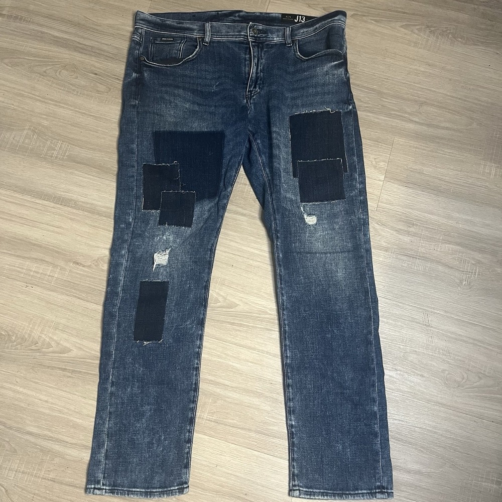 Armani Exchange J13 Jeans Mens 36x32 Blue Distressed Patchwork Slim